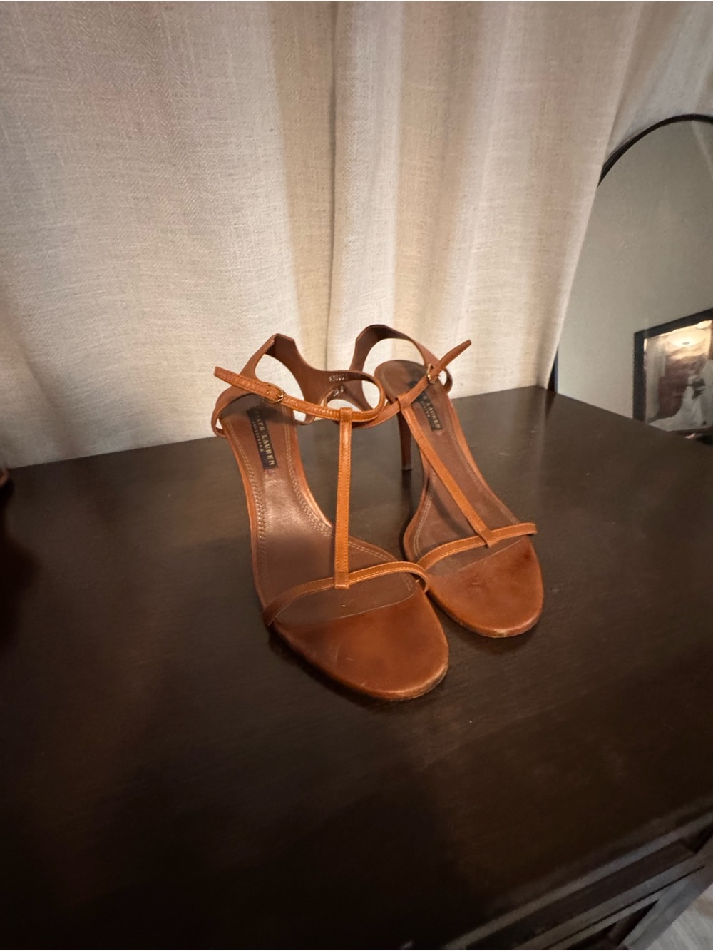 Ralph Lauren Cognac T-Strap Leather High Heels